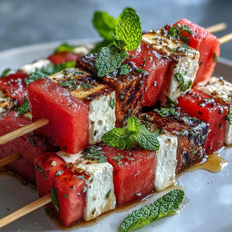 Easy watermelon feta mint skewers with bright colors and Mediterranean flavors, ideal for quick, healthy party snacks.