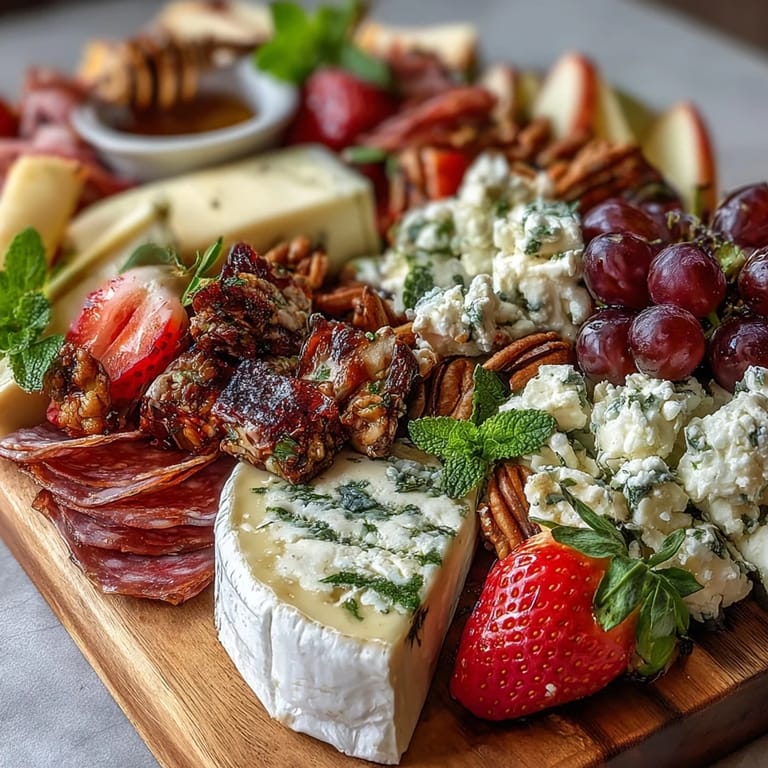 Elegant Spring Charcuterie Board with Edible Flowers and Fruits, artfully arranged with prosciutto, brie, grapes, and delicate nasturtiums for a seasonal spread.