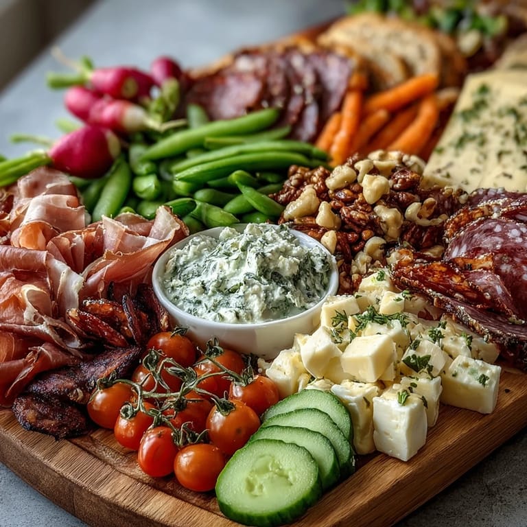 A fresh spring charcuterie board featuring radishes, sugar snap peas, and a creamy herb dip, arranged with cured meats and cheeses for easy entertaining.