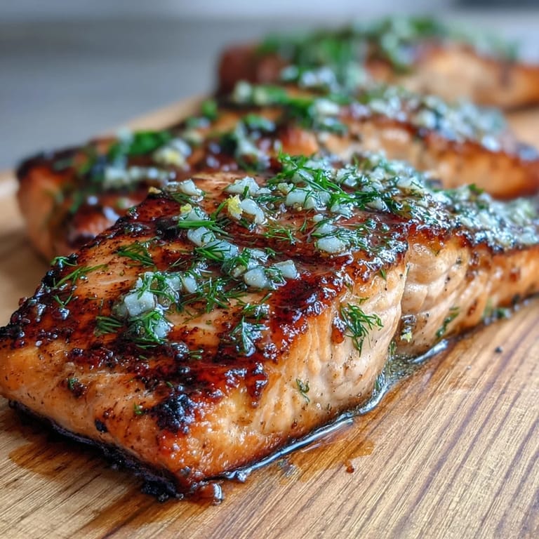 Smoky cedar plank salmon fillets infused with garlic and dill, topped with lemon zest for a bright, savory finish.