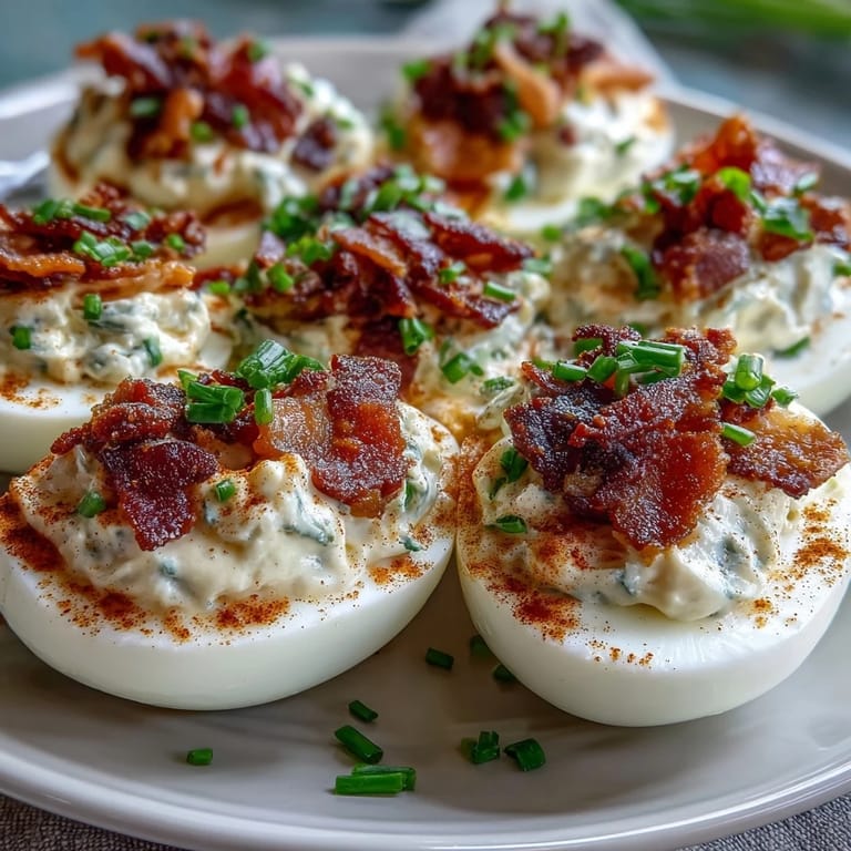 Classic deviled eggs get a savory upgrade with smoky bacon bits and zesty ranch dressing—ideal for festive gatherings.  