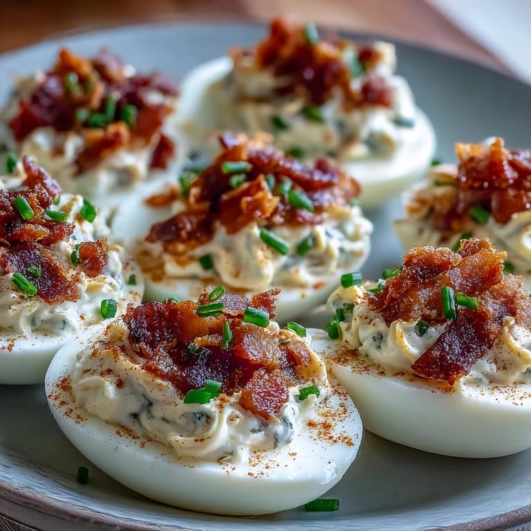 Deviled eggs with bacon and ranch filling, topped with crumbled bacon and paprika, a crowd-pleasing appetizer for any occasion.