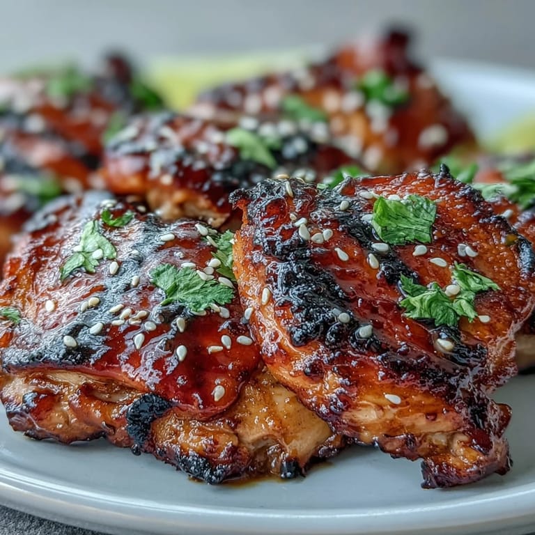 Juicy grilled chicken thighs coated in a vibrant honey sriracha sauce, with charred edges and a glossy finish, served with fresh cilantro and sesame seeds.