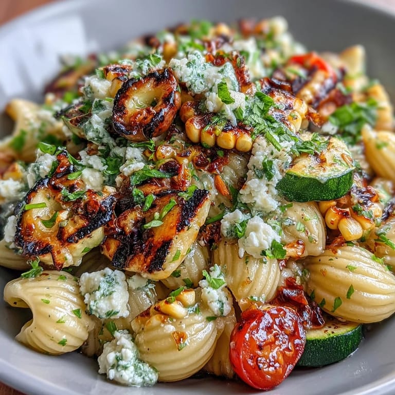 Smoky zucchini and sweet corn pasta salad, topped with crumbly Cotija.
