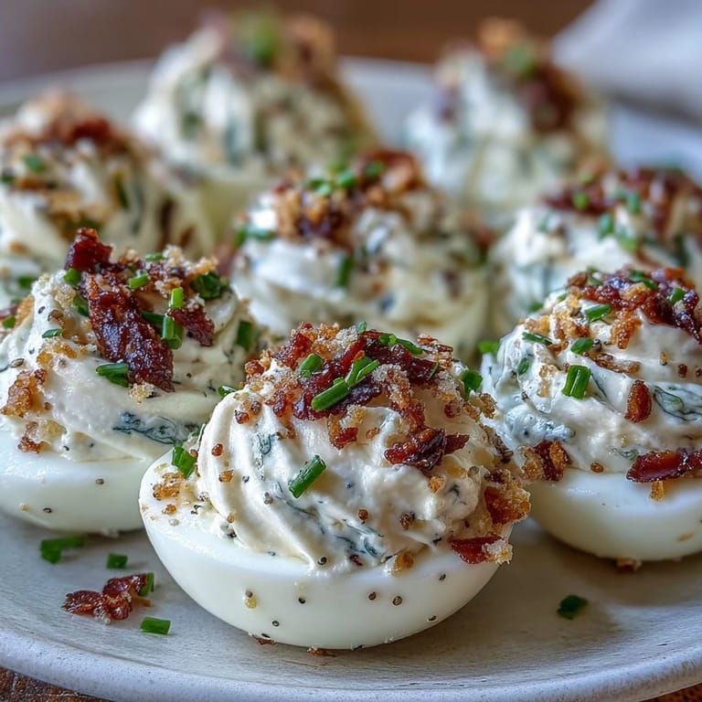Savory Everything Bagel Deviled Eggs, artfully arranged and sprinkled with toppings.