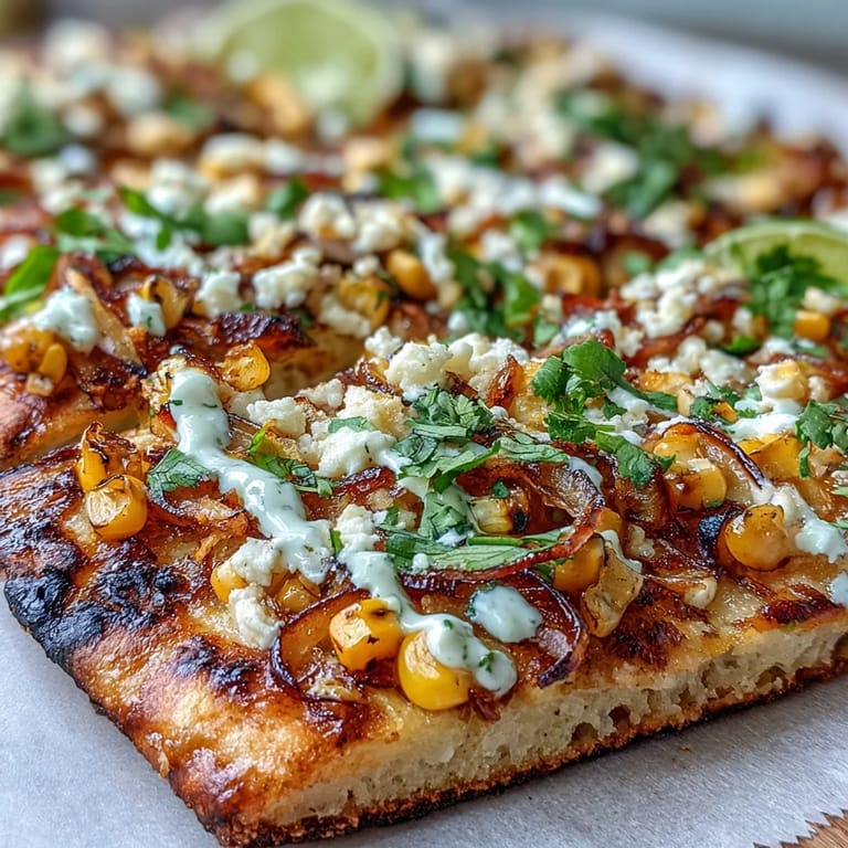 Festive flatbread with Mexican street corn, jalapeño crema drizzled artistically.
