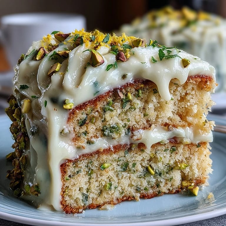 Lemon pistachio layered cake, beautifully frosted and adorned with fresh lemon zest.
