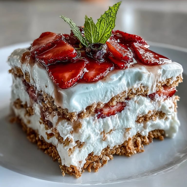 Easy Memorial Day no-bake icebox cake, a cool treat with sweet strawberry slices.
