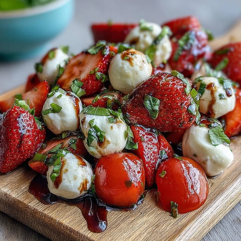 Fresh Strawberry Caprese Salad featuring bright strawberries, creamy mozzarella, and balsamic glaze.
