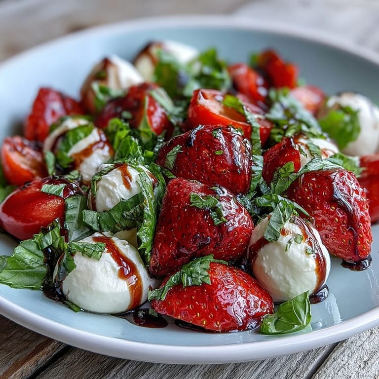 Vibrant Fresh Strawberry Caprese Salad with fresh basil and juicy tomatoes, easy to prepare.
