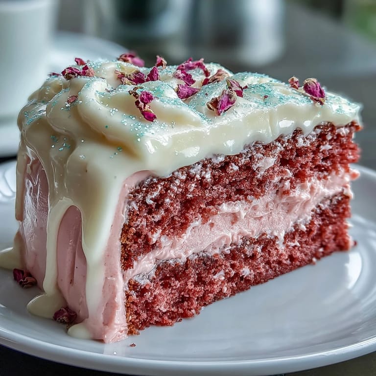 A stunning Bridal Shower Rosé Velvet Cake sliced, revealing moist, pink layers elegantly.