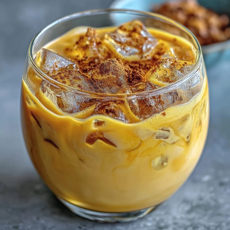 Delicious Turmeric Golden Milk Iced Latte served over ice, a healthy, energizing drink.