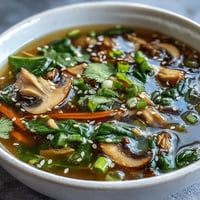 Steaming Miso Ginger Winter Soup in a rustic bowl with sautéed shiitake mushrooms and bright green spinach.