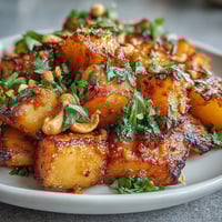 Golden roasted celeriac chunks soak in a fragrant, creamy coconut curry sauce in this hearty vegetarian main.