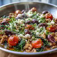 Golden Mediterranean keto ground chicken skillet topped with crumbled feta and olives