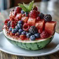 Watermelon carving board with berries, vibrant fruit platter with fresh mint and lime garnish, perfect for summer gatherings.  