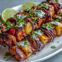 Juicy Grilled Pineapple Chicken Skewers with caramelized pineapple and bell peppers sizzling on the grill.