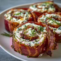 Ham, cream cheese, and pickle pinwheels are arranged in a spiral pattern on a white platter, showcasing creamy swirls of cheese and tangy pickles wrapped in savory ham.