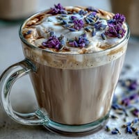 Creamy lavender oat milk latte with frothy oat milk, espresso, and floral lavender syrup for a soothing vegan treat.