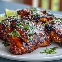 Honey Sriracha Grilled Chicken Thighs sizzling on a hot grill, glazed with a glossy, caramelized marinade that balances sweet honey and spicy sriracha heat.