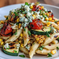 Vibrant pasta salad with grilled zucchini, corn, and salty Cotija cheese.