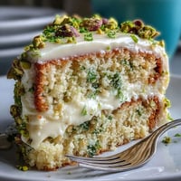 Vibrant spring birthday lemon pistachio cake with creamy frosting and crunchy nuts.
